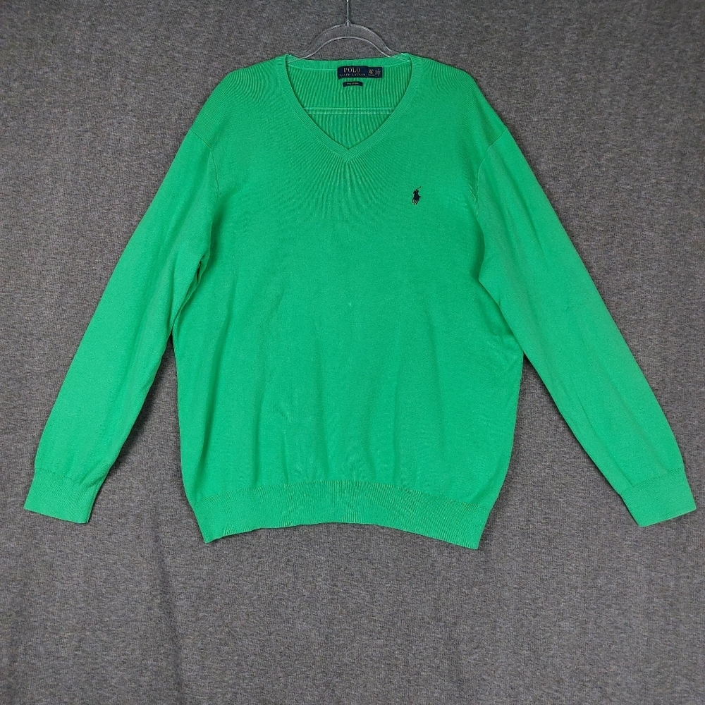 POLO RALPH LAUREN MEN GREEN 100% PIMA COTTON PREPPY VNECK SWEATER SIZE XLT